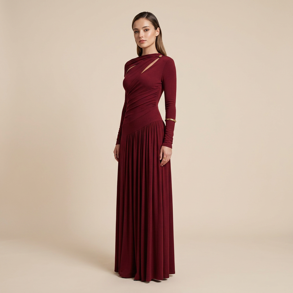 Asymmetric Cutout Draped Long Sleeve Maxi Dress-Vyana Collective