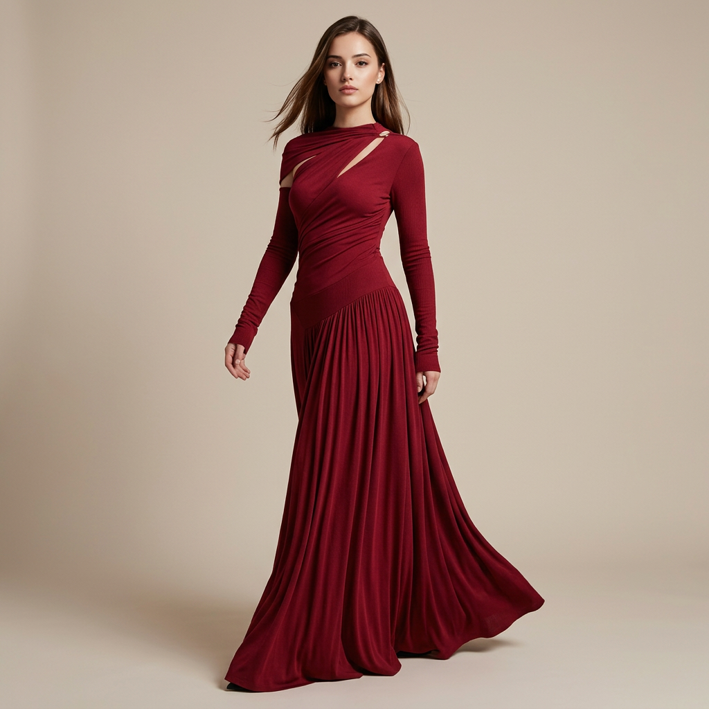 Asymmetric Cutout Draped Long Sleeve Maxi Dress-Vyana Collective