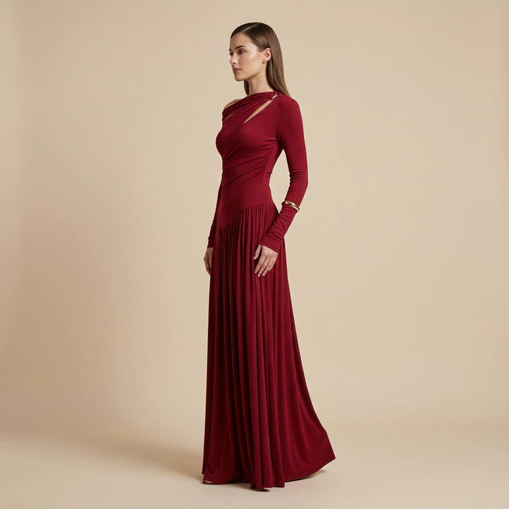 Asymmetric Cutout Draped Long Sleeve Maxi Dress-Vyana Collective