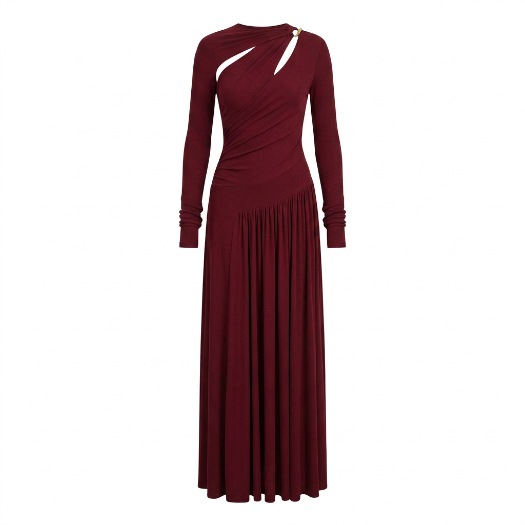 Asymmetric Cutout Draped Long Sleeve Maxi Dress-Vyana Collective