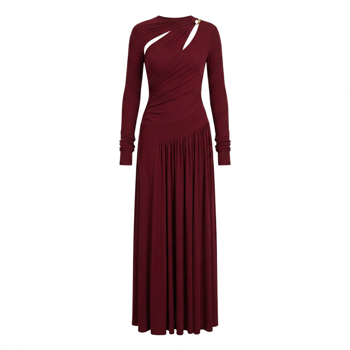 Asymmetric Cutout Draped Long Sleeve Maxi Dress-Vyana Collective