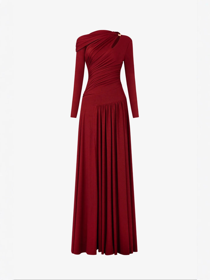 Asymmetric Cutout Draped Long Sleeve Maxi Dress-Vyana Collective