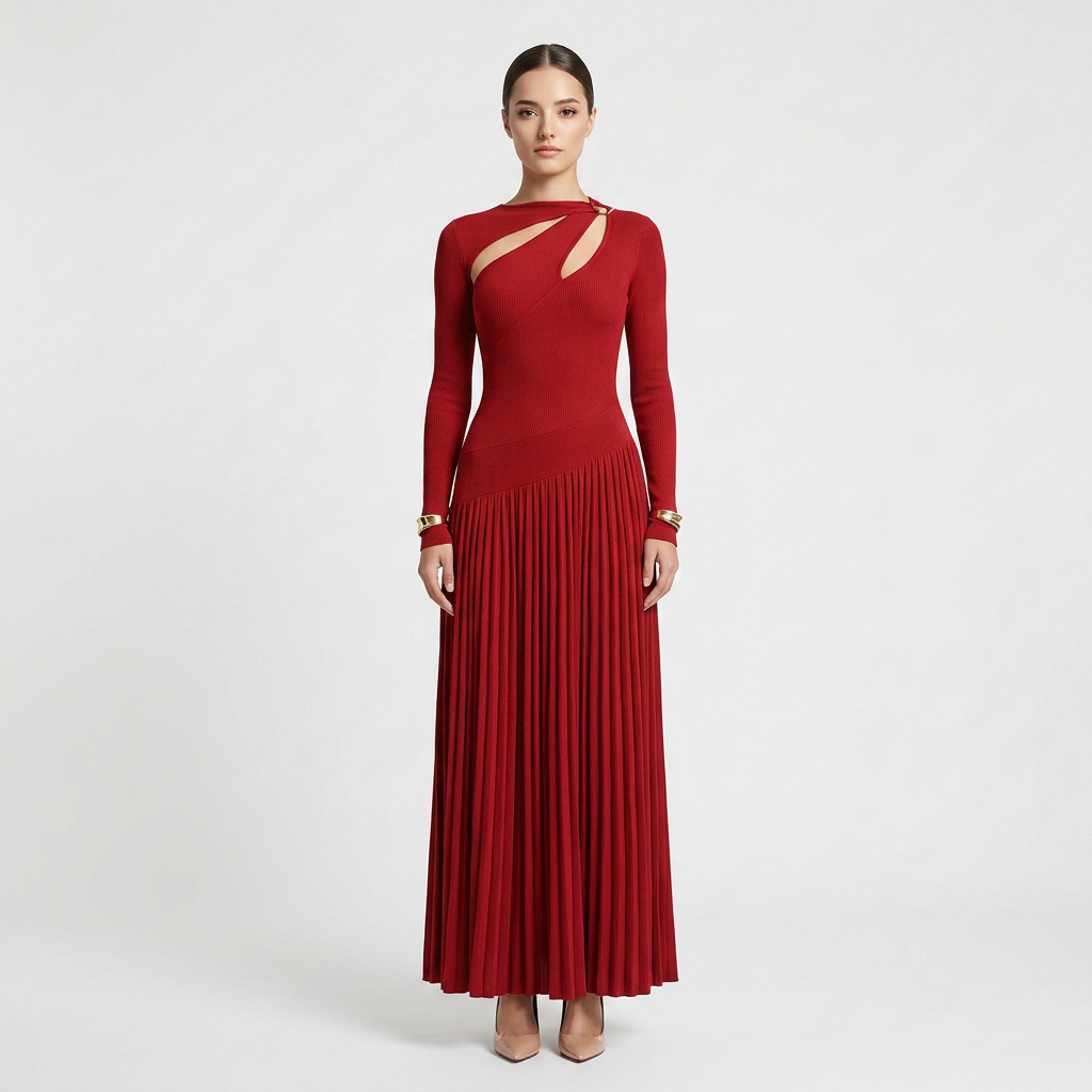 Asymmetric Cutout Draped Long Sleeve Maxi Dress-Vyana Collective