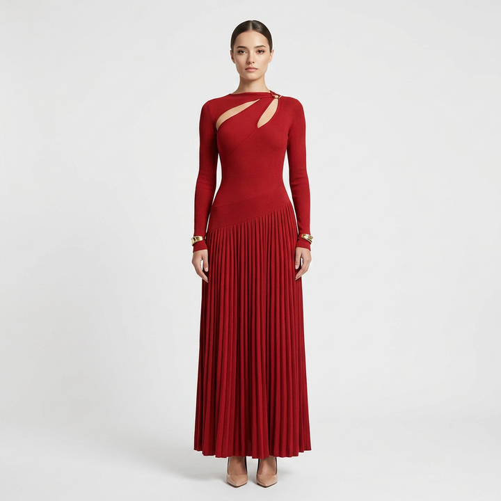 Asymmetric Cutout Draped Long Sleeve Maxi Dress-Vyana Collective