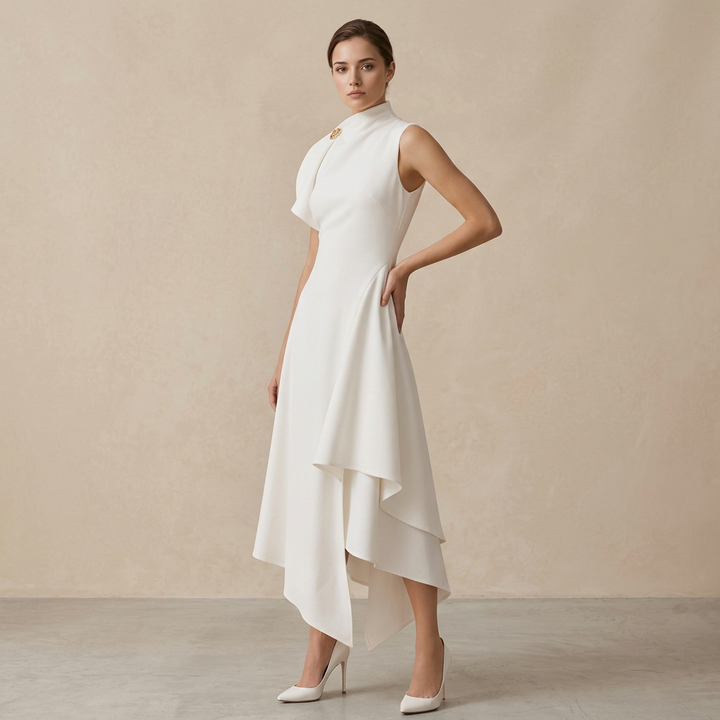 Asymmetric High Neck Draped Midi Dress with Cinched Waist-Vyana Collective
