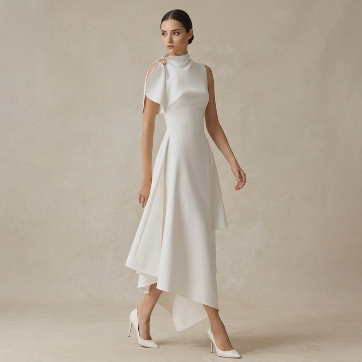 Asymmetric High Neck Draped Midi Dress with Cinched Waist-Vyana Collective