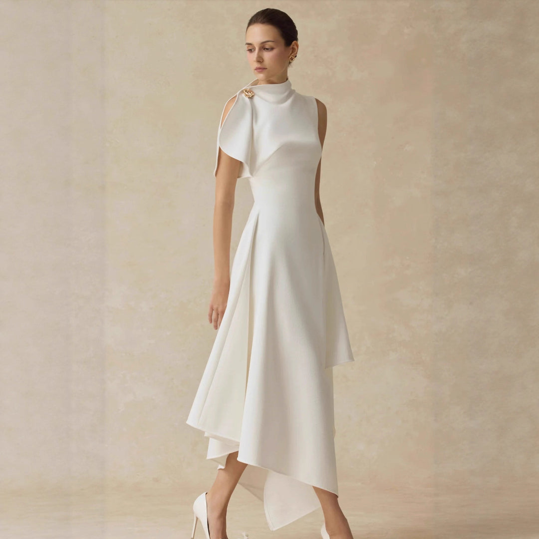 Asymmetric High Neck Draped Midi Dress with Cinched Waist-Vyana Collective
