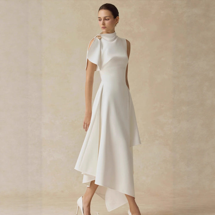 Asymmetric High Neck Draped Midi Dress with Cinched Waist-Vyana Collective