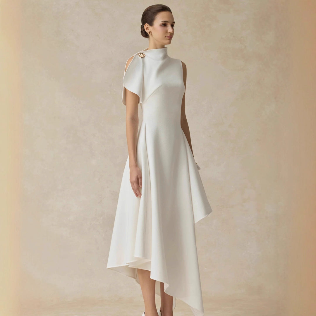 Asymmetric High Neck Draped Midi Dress with Cinched Waist-Vyana Collective