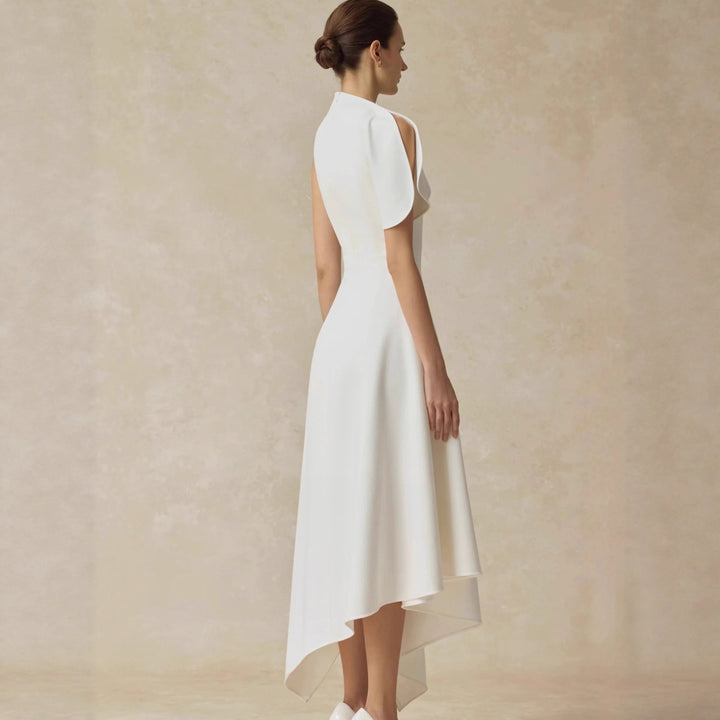 Asymmetric High Neck Draped Midi Dress with Cinched Waist-Vyana Collective