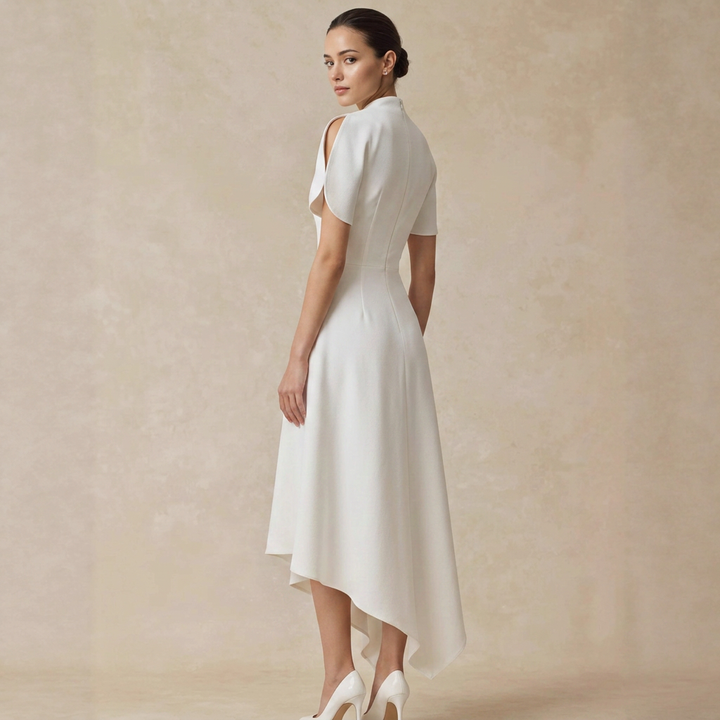Asymmetric High Neck Draped Midi Dress with Cinched Waist-Vyana Collective