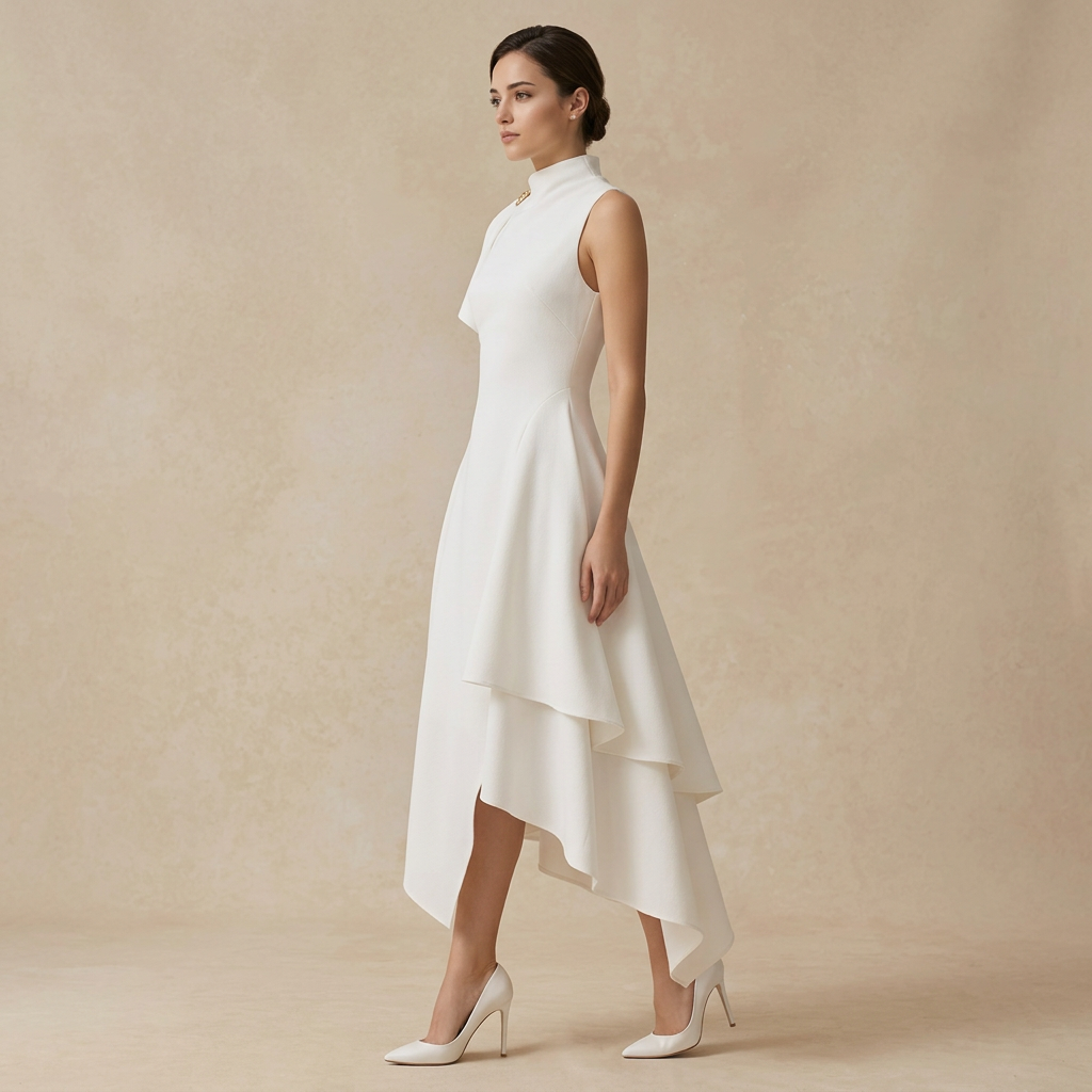 Asymmetric High Neck Draped Midi Dress with Cinched Waist-Vyana Collective