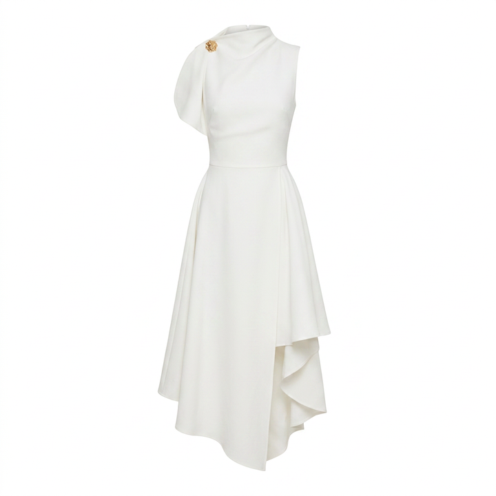 Asymmetric High Neck Draped Midi Dress with Cinched Waist-Vyana Collective