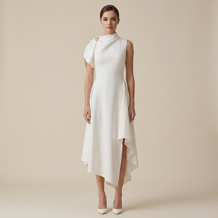 Asymmetric High Neck Draped Midi Dress with Cinched Waist-Vyana Collective