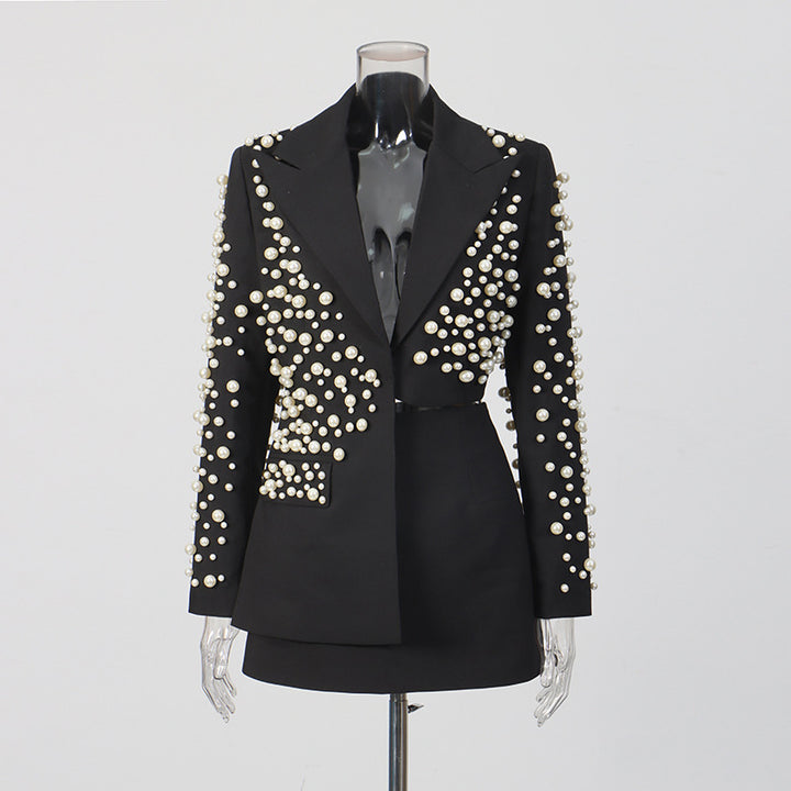 Asymmetric Pearl Embellished Cropped Blazer &amp; Mini Skirt Two-Piece Suit Set-Vyana Collective