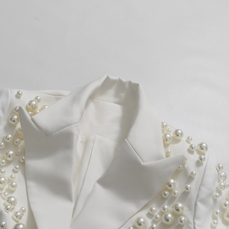 Asymmetric Pearl Embellished Cropped Blazer &amp; Mini Skirt Two-Piece Suit Set-Vyana Collective