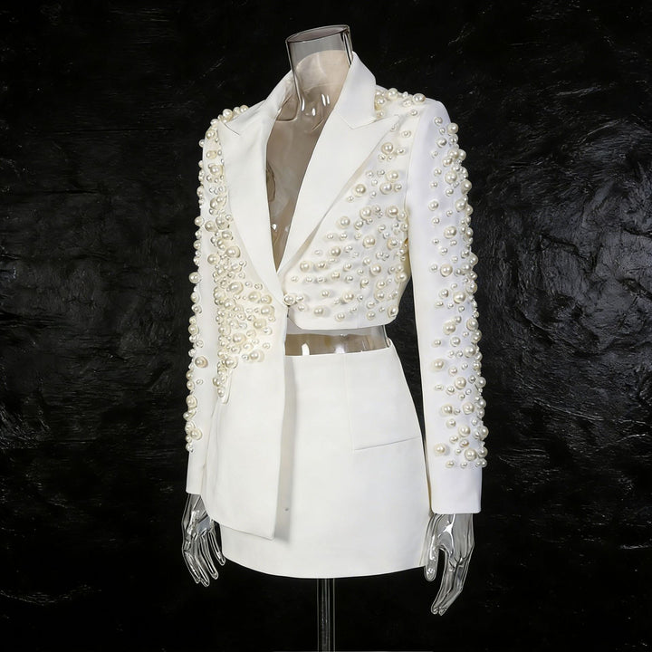 Asymmetric Pearl Embellished Cropped Blazer &amp; Mini Skirt Two-Piece Suit Set-Vyana Collective