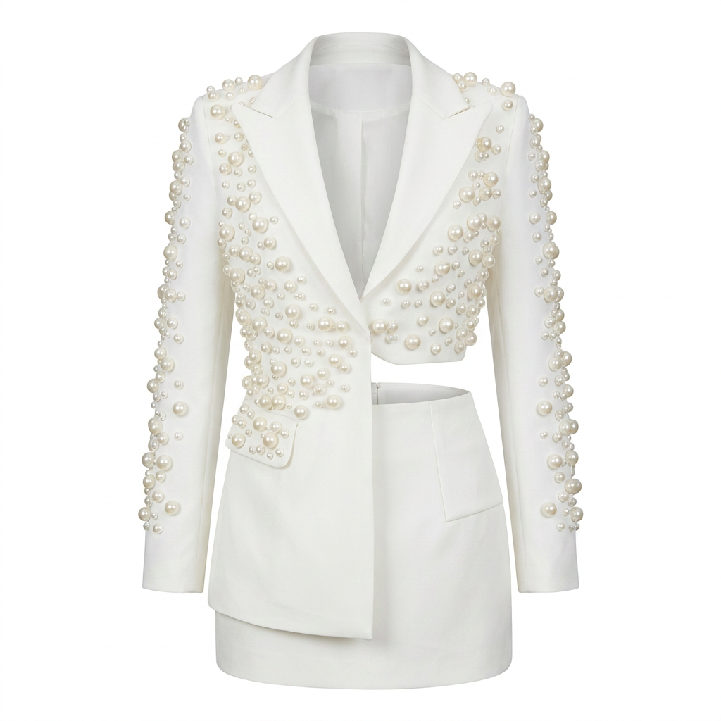 Asymmetric Pearl Embellished Cropped Blazer &amp; Mini Skirt Two-Piece Suit Set-Vyana Collective