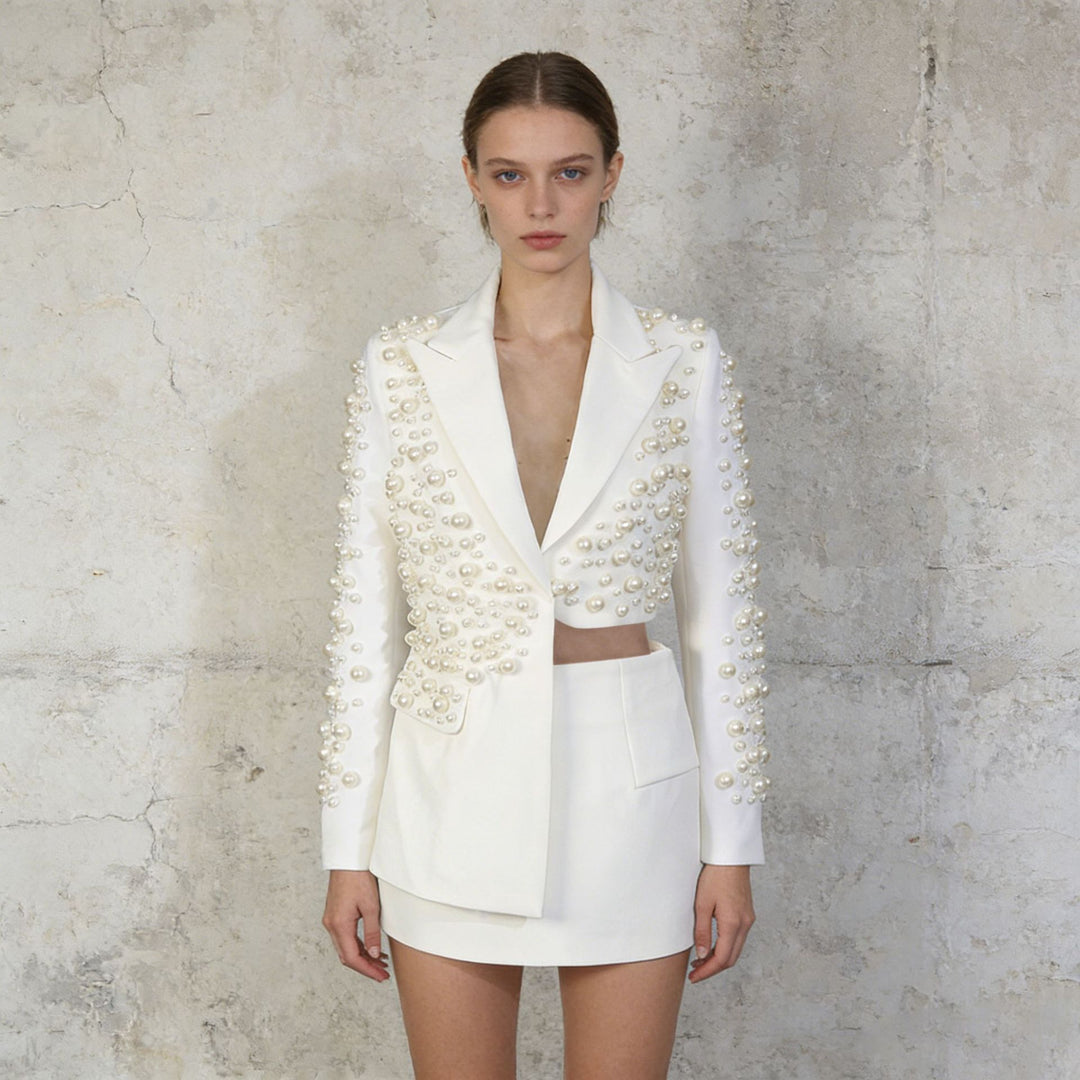 Asymmetric Pearl Embellished Cropped Blazer &amp; Mini Skirt Two-Piece Suit Set-Vyana Collective
