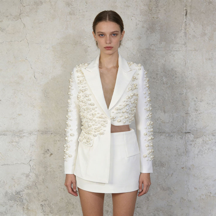 Asymmetric Pearl Embellished Cropped Blazer &amp; Mini Skirt Two-Piece Suit Set-Vyana Collective