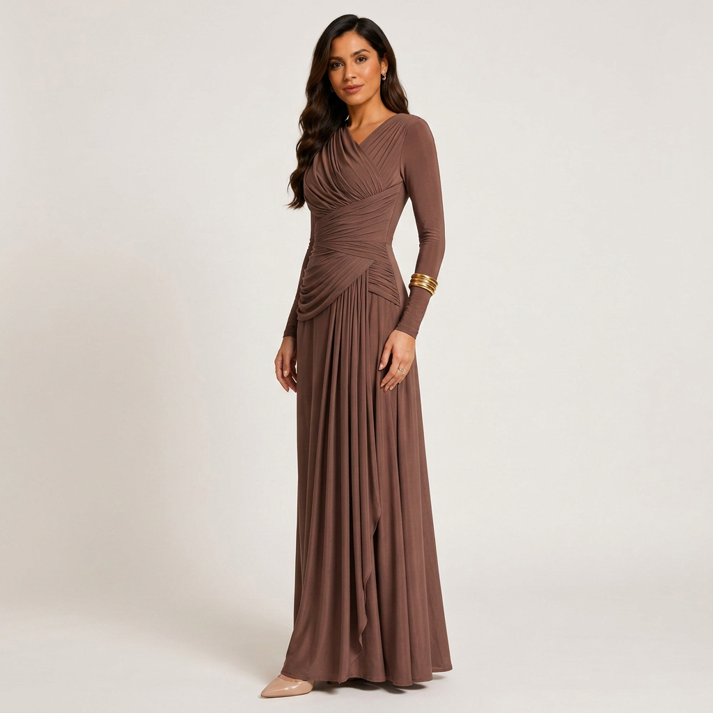 Asymmetric Pleated Long Sleeve Maxi Dress-Vyana Collective