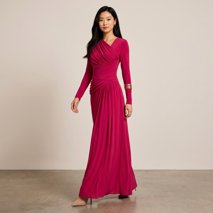 Asymmetric Pleated Long Sleeve Maxi Dress-Vyana Collective