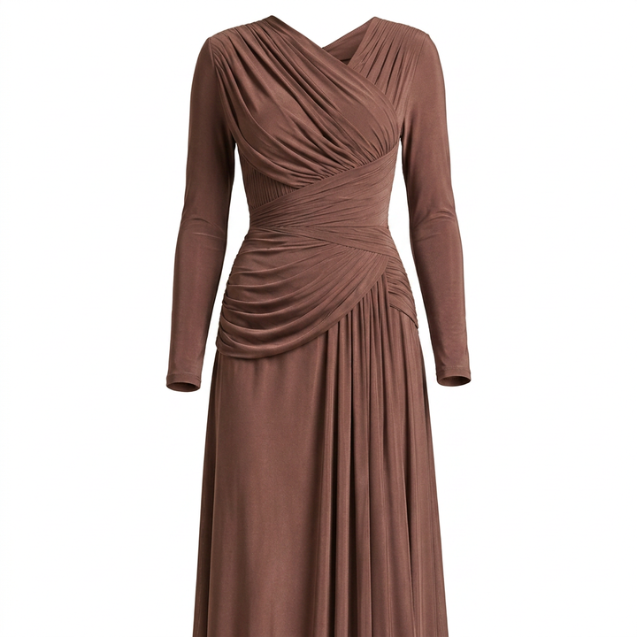 Asymmetric Pleated Long Sleeve Maxi Dress-Vyana Collective