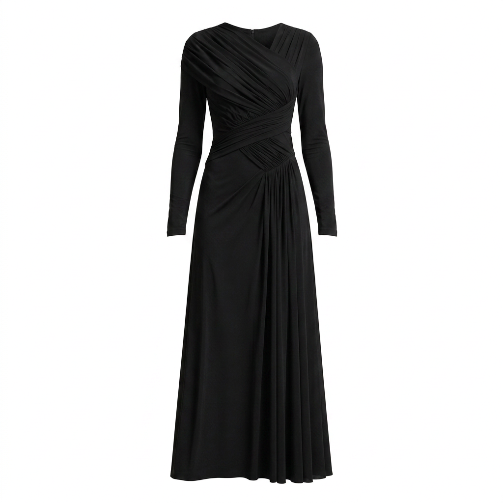Asymmetric Pleated Long Sleeve Maxi Dress-Vyana Collective