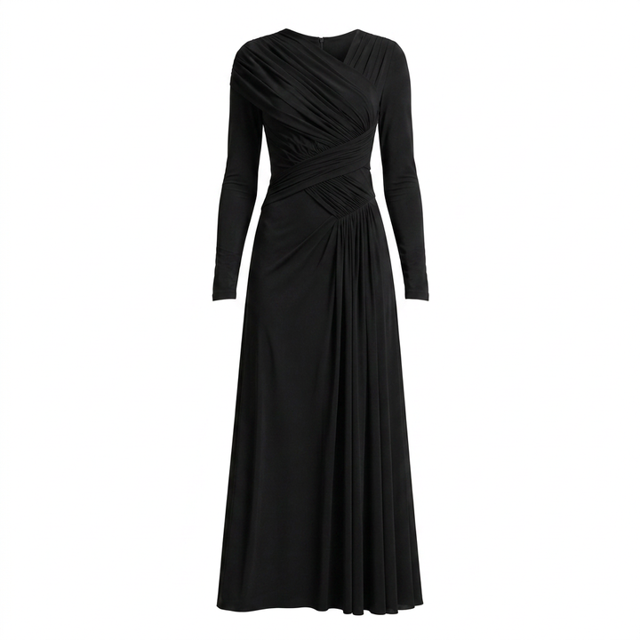 Asymmetric Pleated Long Sleeve Maxi Dress-Vyana Collective
