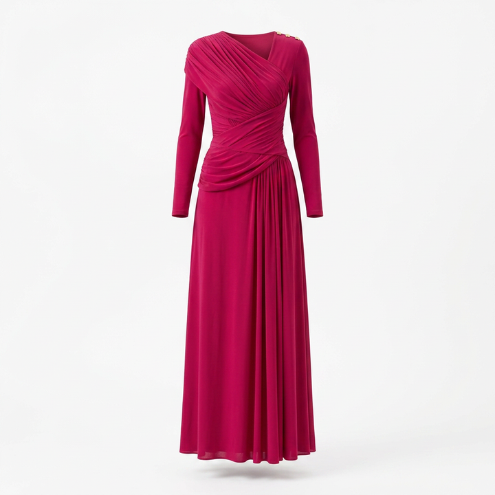 Asymmetric Pleated Long Sleeve Maxi Dress-Vyana Collective