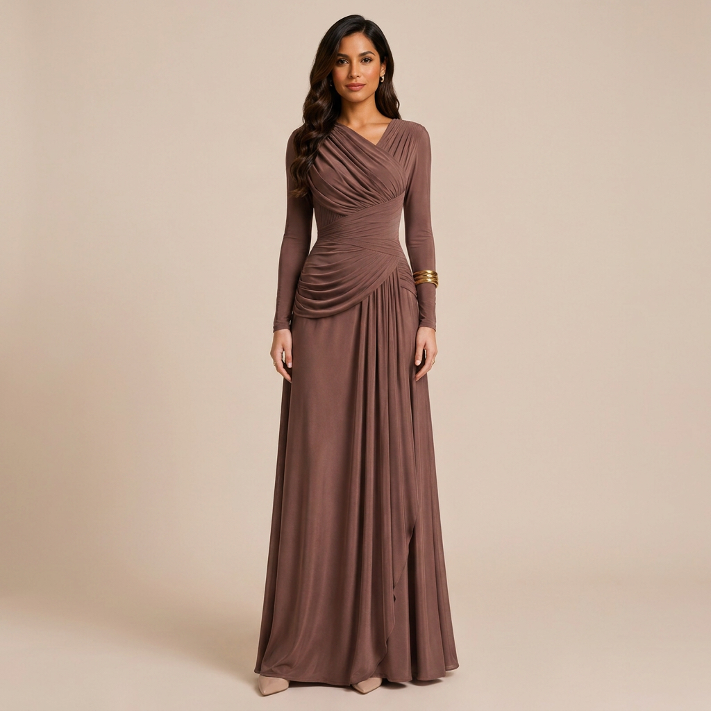 Asymmetric Pleated Long Sleeve Maxi Dress-Vyana Collective
