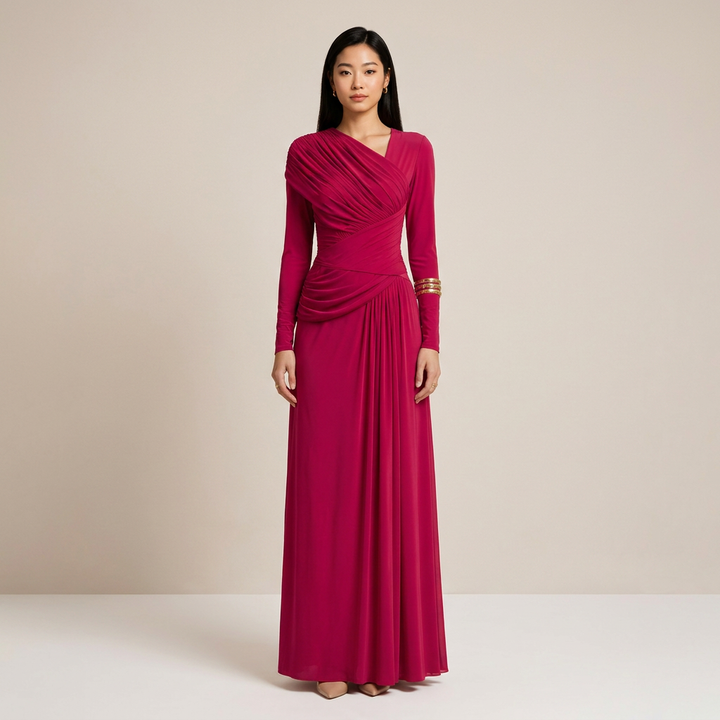 Asymmetric Pleated Long Sleeve Maxi Dress-Vyana Collective
