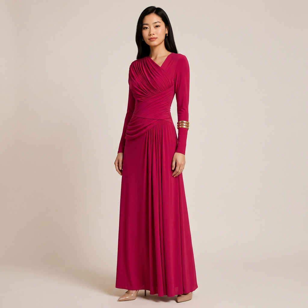 Asymmetric Pleated Long Sleeve Maxi Dress-Vyana Collective