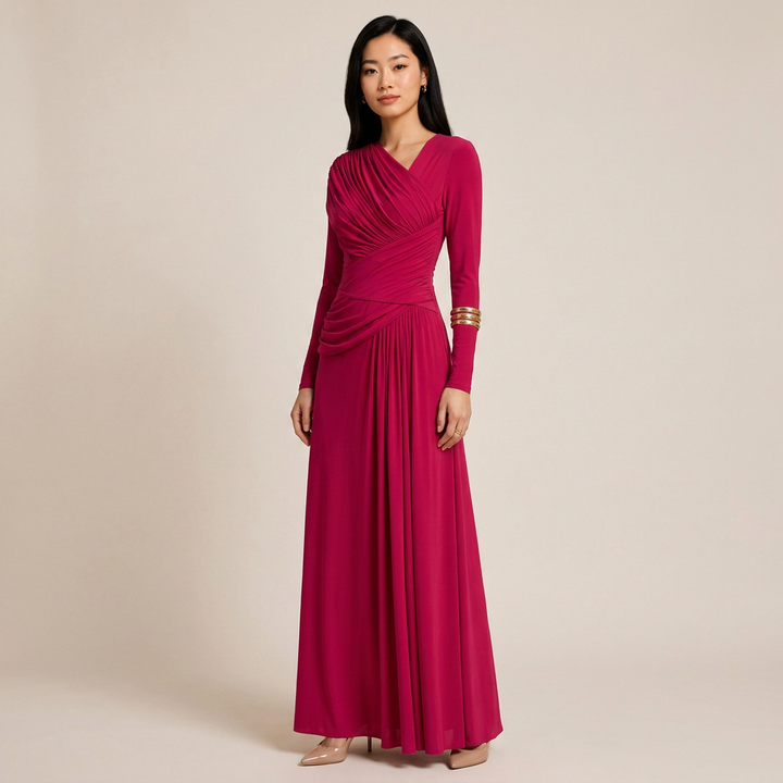 Asymmetric Pleated Long Sleeve Maxi Dress-Vyana Collective