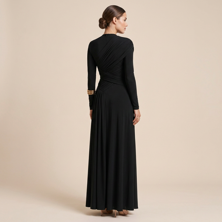 Asymmetric Pleated Long Sleeve Maxi Dress-Vyana Collective