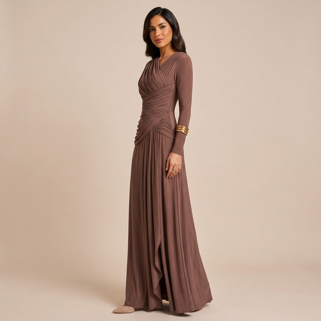 Asymmetric Pleated Long Sleeve Maxi Dress-Vyana Collective