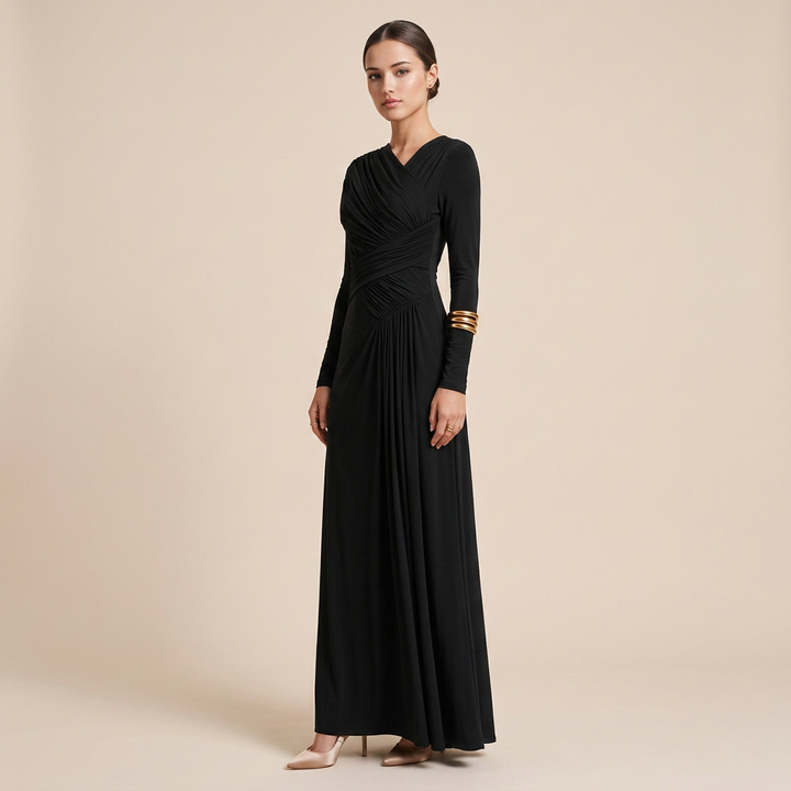 Asymmetric Pleated Long Sleeve Maxi Dress-Vyana Collective
