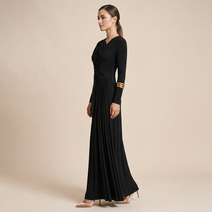 Asymmetric Pleated Long Sleeve Maxi Dress-Vyana Collective