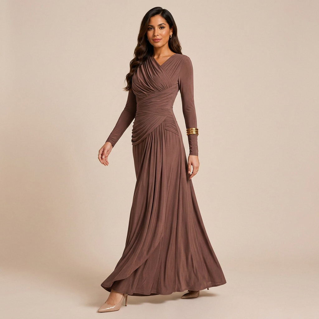 Asymmetric Pleated Long Sleeve Maxi Dress-Vyana Collective
