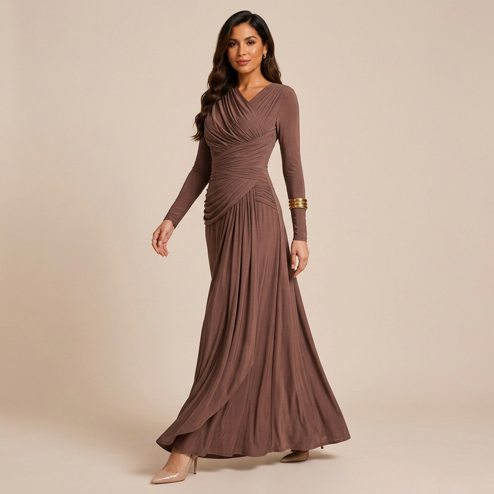 Asymmetric Pleated Long Sleeve Maxi Dress-Vyana Collective