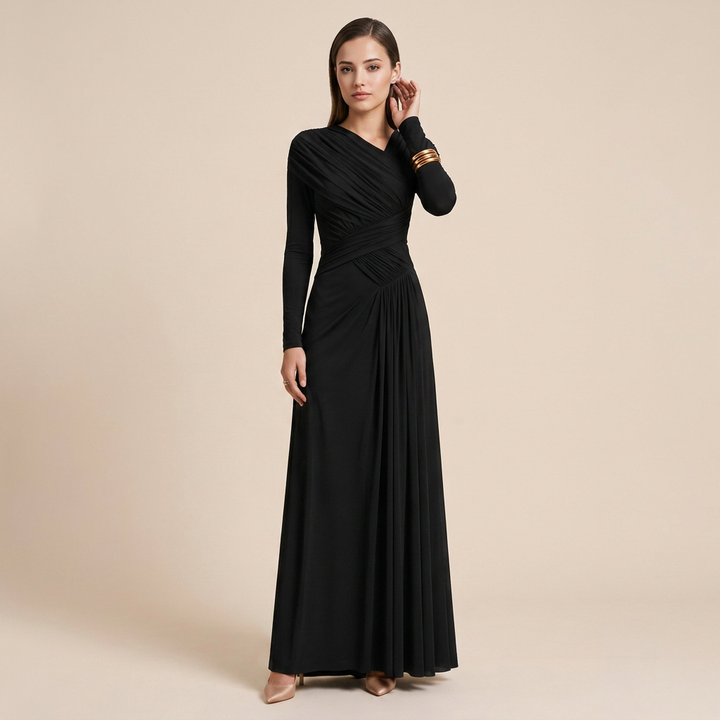 Asymmetric Pleated Long Sleeve Maxi Dress-Vyana Collective