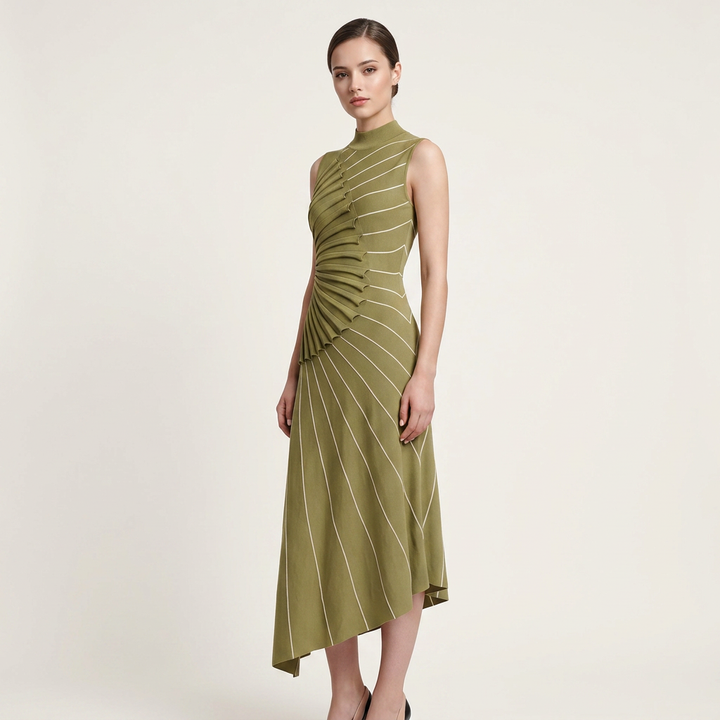 Asymmetric Pleated Striped Knit Midi Dress-Vyana Collective