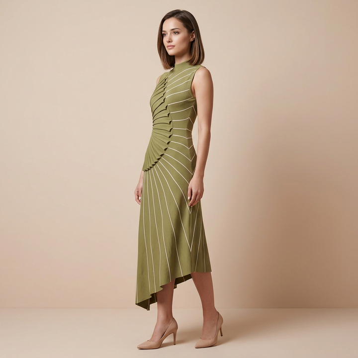 Asymmetric Pleated Striped Knit Midi Dress-Vyana Collective