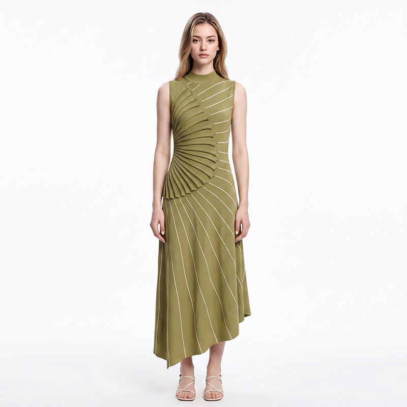 Asymmetric Pleated Striped Knit Midi Dress-Vyana Collective