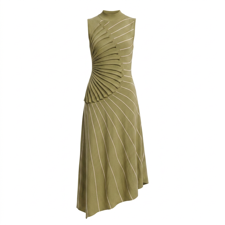Asymmetric Pleated Striped Knit Midi Dress-Vyana Collective