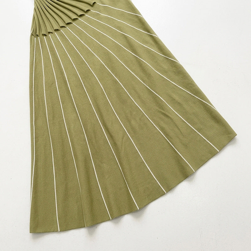 Asymmetric Pleated Striped Knit Midi Dress-Vyana Collective