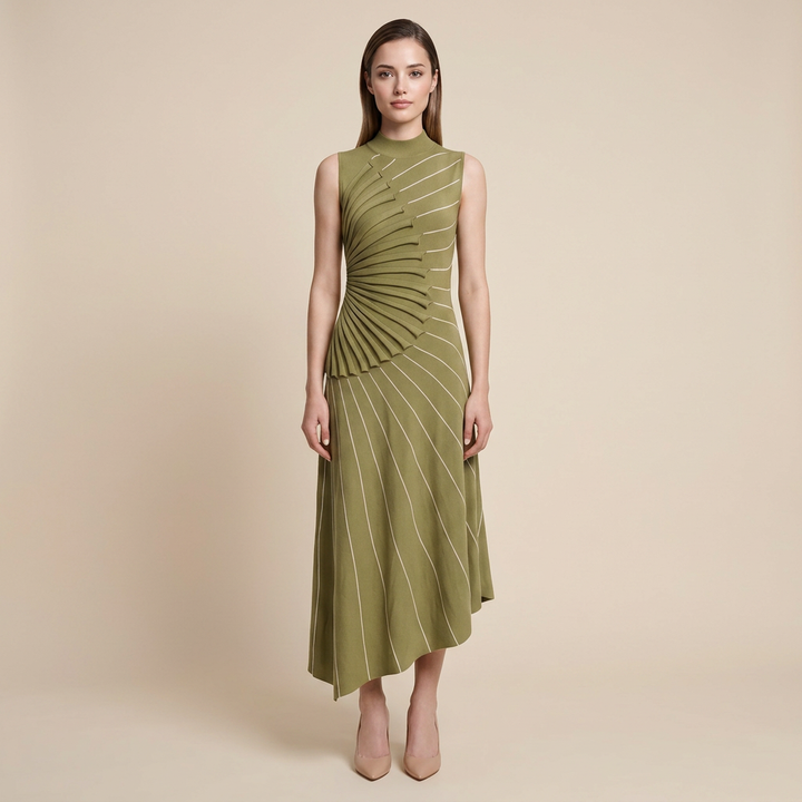 Asymmetric Pleated Striped Knit Midi Dress-Vyana Collective