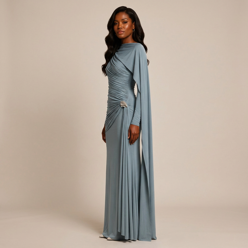Asymmetric Ruched Long Sleeve Maxi Dress with Draped Detail-Vyana Collective