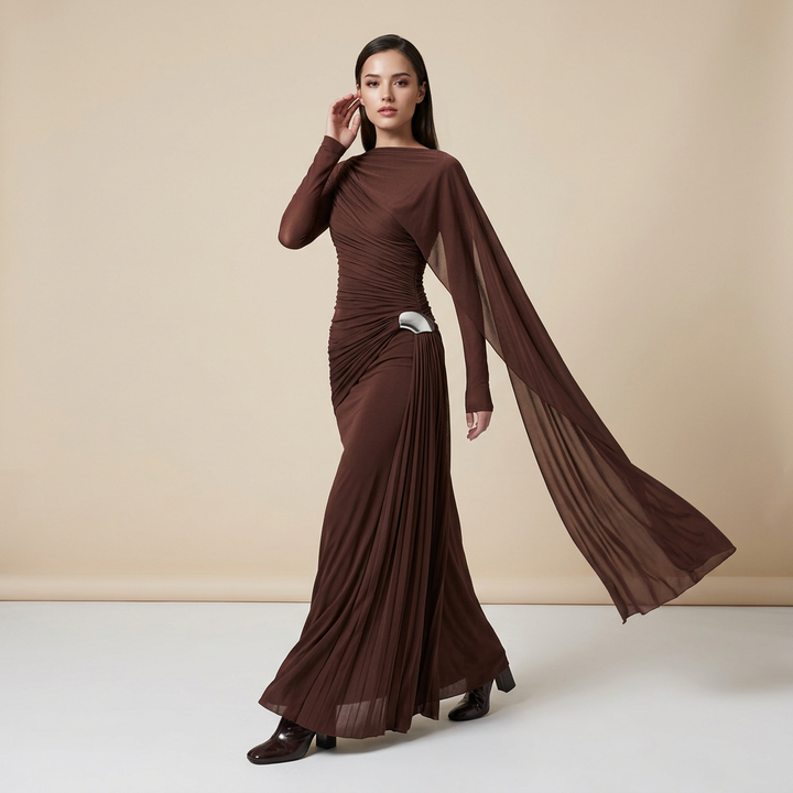 Asymmetric Ruched Long Sleeve Maxi Dress with Draped Detail-Vyana Collective