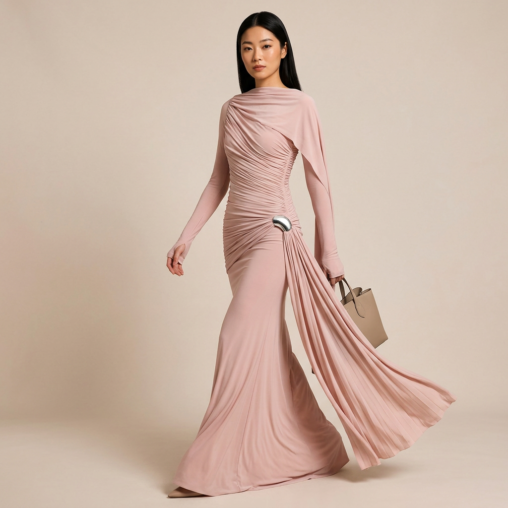 Asymmetric Ruched Long Sleeve Maxi Dress with Draped Detail-Vyana Collective